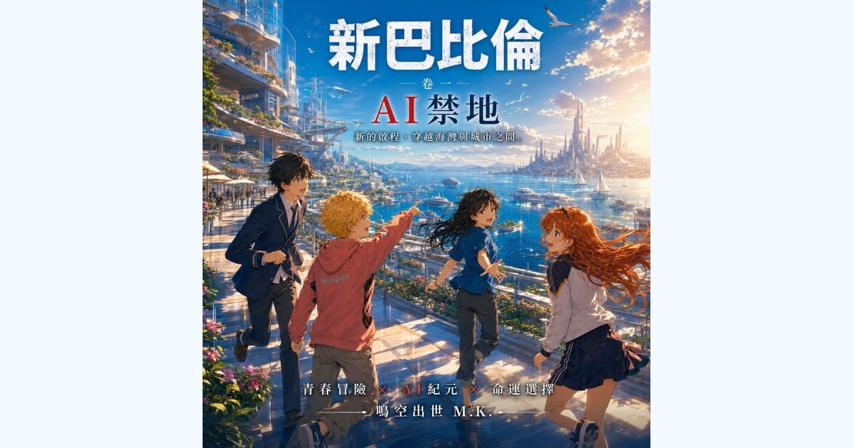 《新巴比倫:AI 禁地》夏季閱讀推薦封面,四位少年角色奔向明亮的未來海灣城市