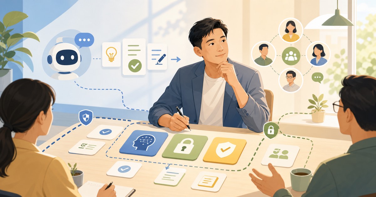 非技術主管與團隊建立員工 AI 使用規範、資料邊界與審核流程的明亮封面圖