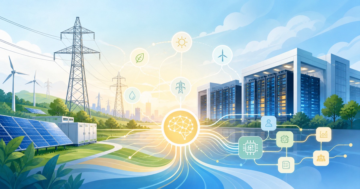 AI 資料中心、電網、再生能源與企業工作流節點構成的能源治理封面圖