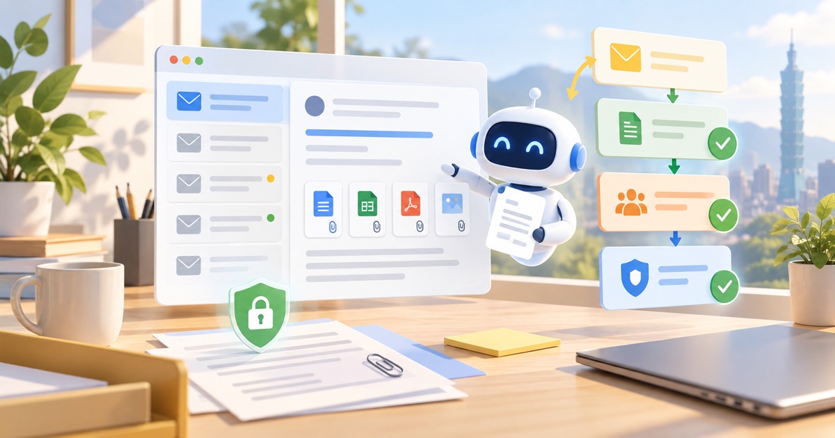 企業在啟用 AI 助理讀取 Email、附件與轉派流程前,先完成資料分級、批准與安全檢查的明亮封面圖