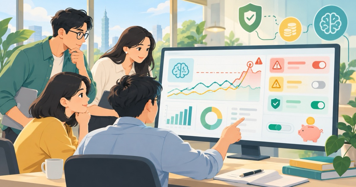企業團隊檢查 AI 用量異常、API 預算告警、Agent 停損與成本儀表板的明亮封面圖