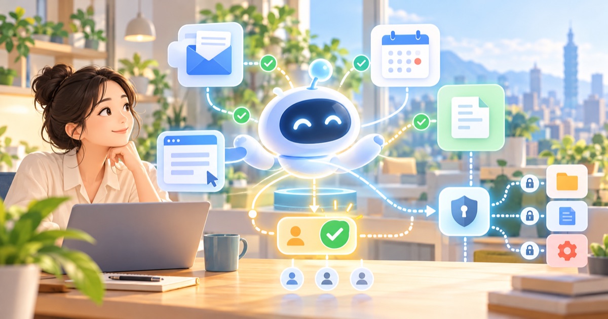 個人 AI Agent 串接 Email、Calendar、文件、瀏覽器與人工批准節點的明亮工作流封面圖