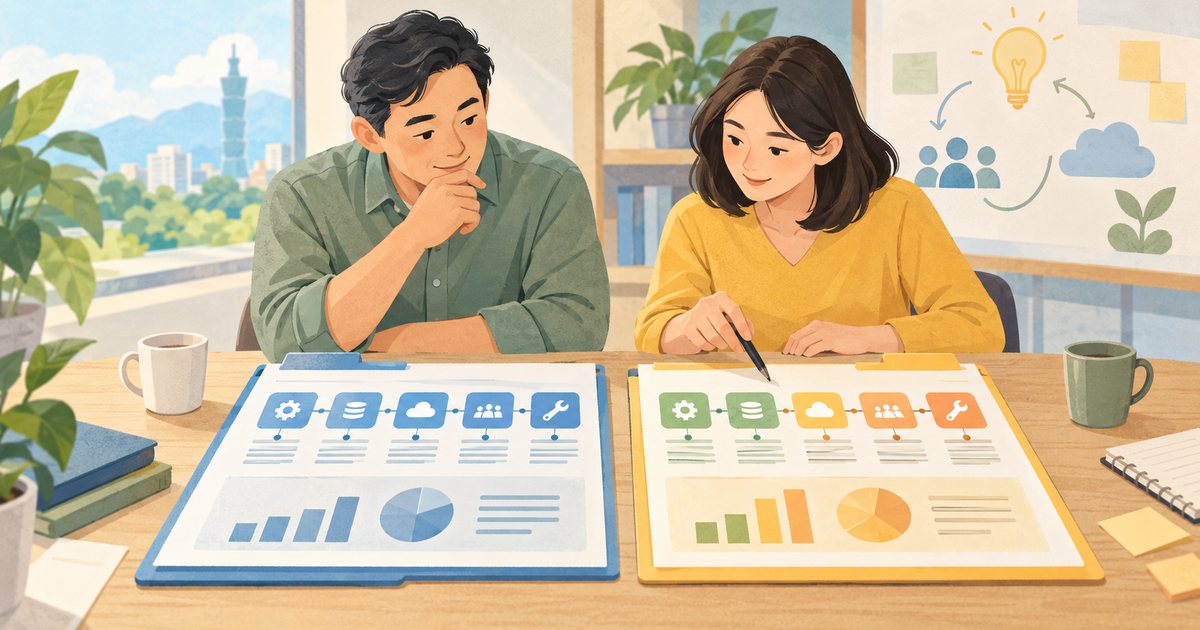 中小企業團隊並排比較兩份 AI 委外提案的明亮插畫