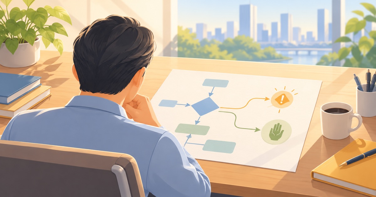 資深主管在明亮工作桌前辨認工作流程分支與需要人工確認的例外
