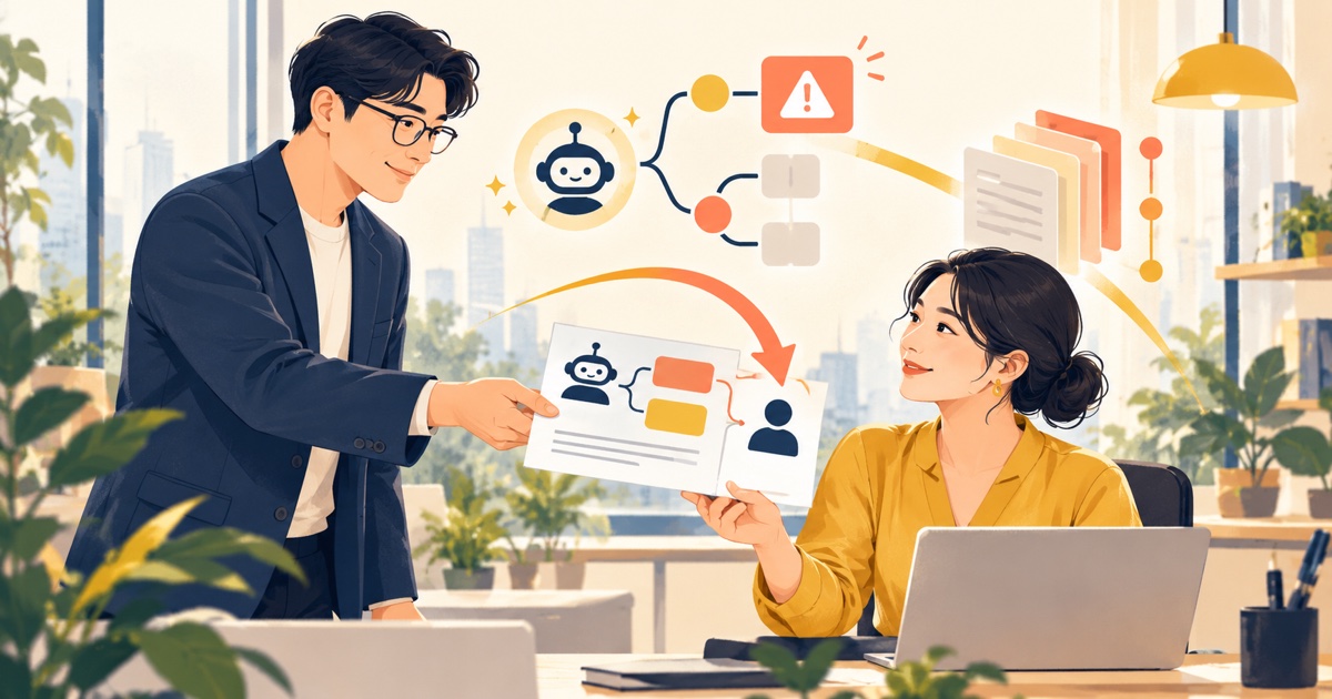 主管在明亮的辦公室將單頁 AI 輔助工作說明交給同事,圖中以分支與警示圖示表示例外和人工接手