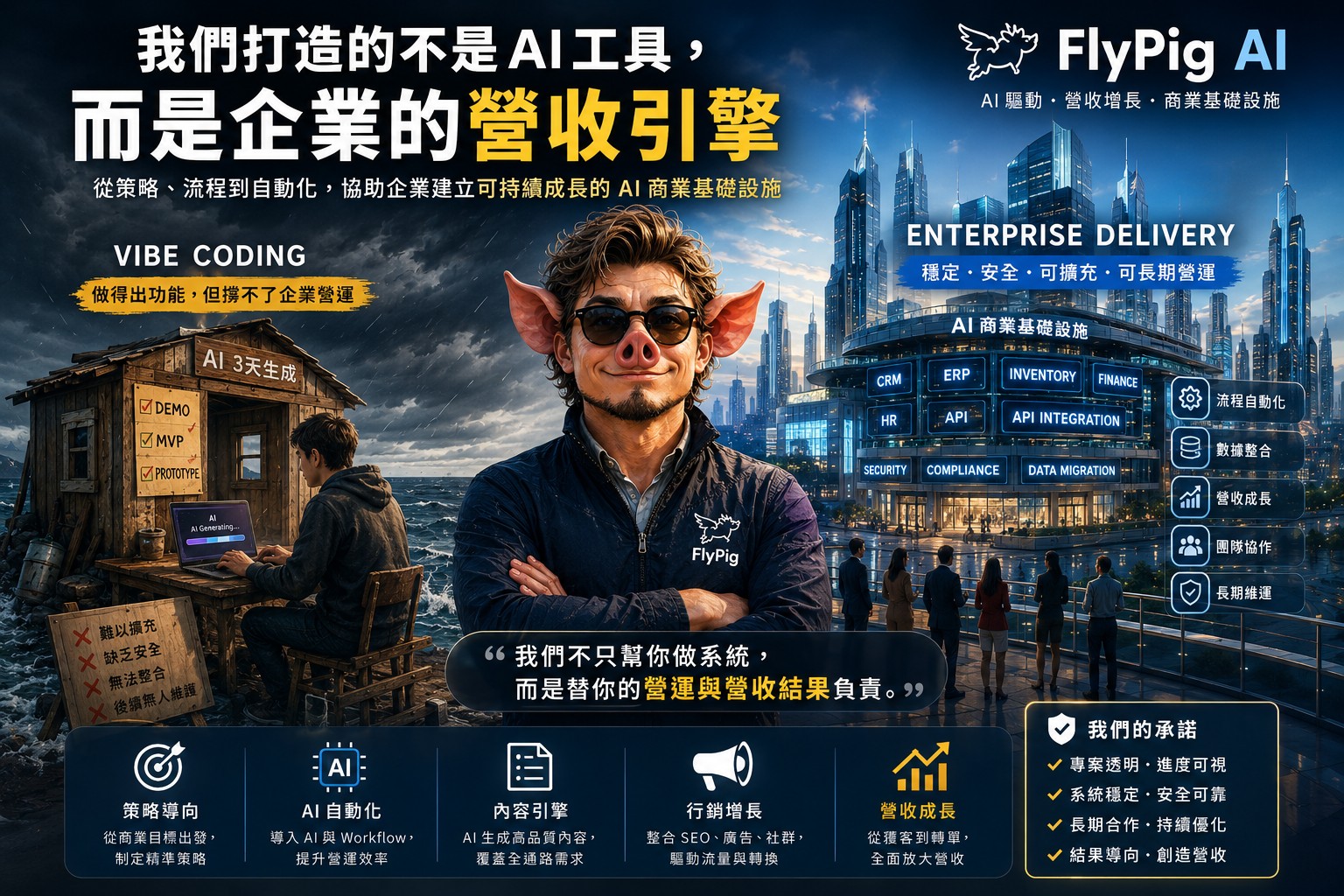 FlyPig AI 企業營收引擎，展示 AI 商業基礎設施、流程自動化、數據整合與營收成長